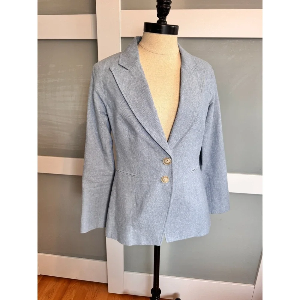 PAIGE 2-Button Women's Blazer Blue Chambray Linen Cotton Jacket‎ Classic Small